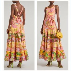 NWT Farm Rio Mixed Prints Tiered Halter Tie-Back Vibrant Multicolor Maxi Dress L